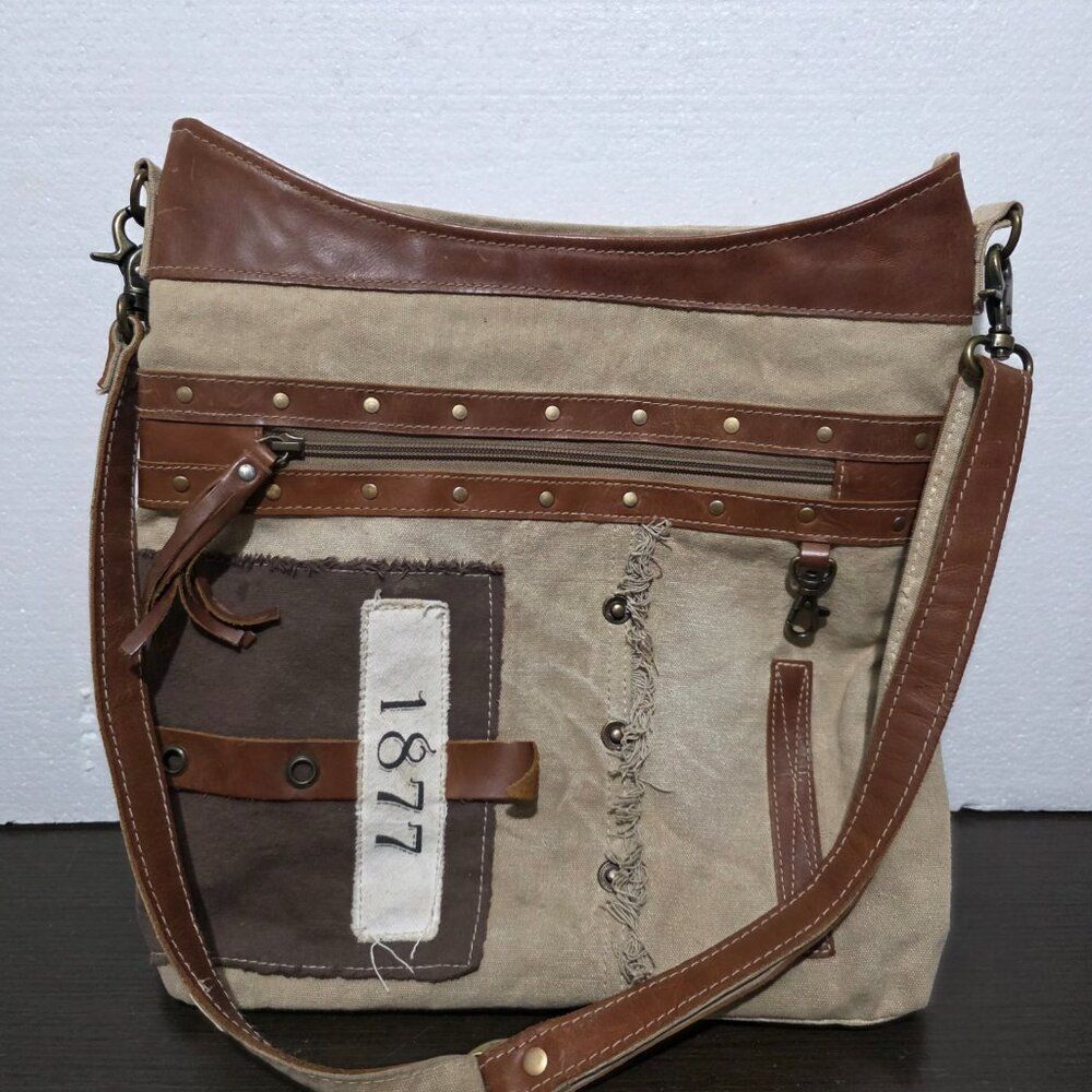 Myra Country Charm Upcycled Canvas & Leather Beige Brown Shoulder Crossbody Bag - Picture 3 of 12